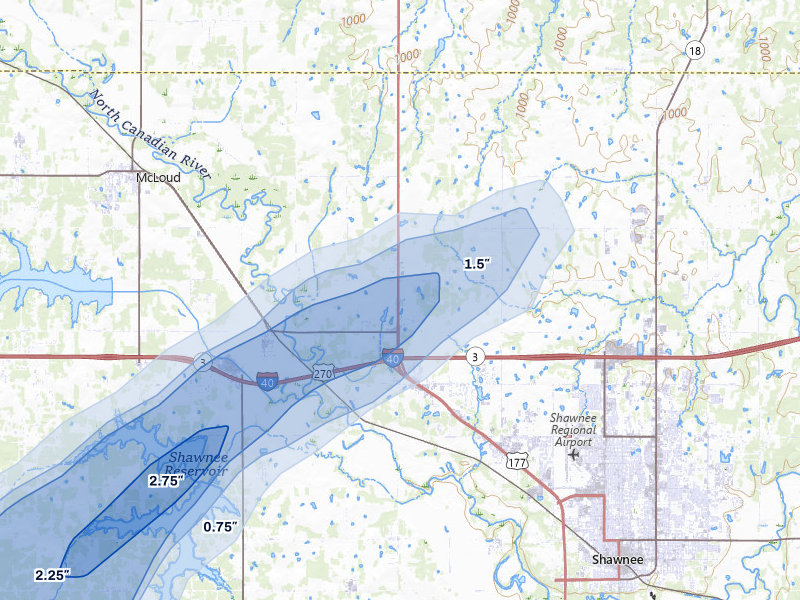 NEXRAD radar-signature map of the hail storm over Shawnee, OK on Apr 28, 2026