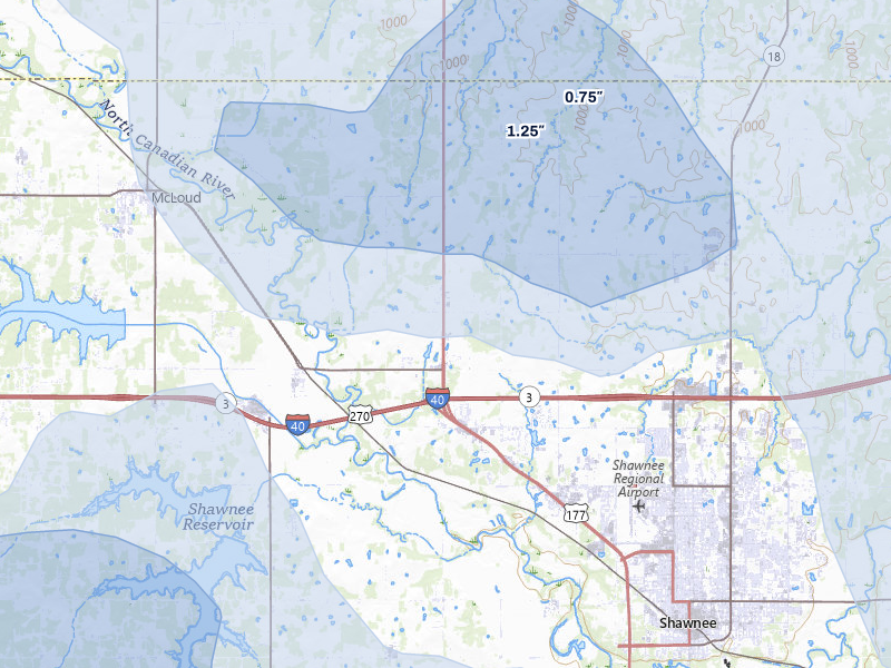 NEXRAD radar-signature map of the hail over Shawnee, OK