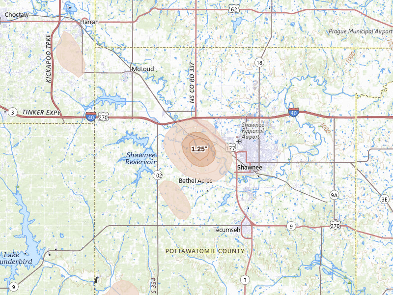 Radar-estimated hail-size map of the storm over Shawnee, OK on Aug 21, 2026