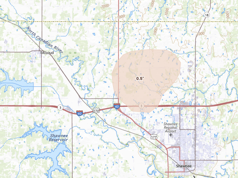 Radar-estimated hail-size map of the storm over Shawnee, OK on Aug 22, 2026