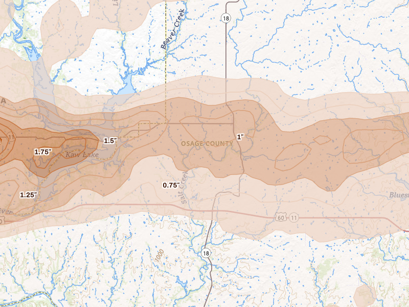 Radar-estimated hail-size map of the storm over Shidler, OK on Apr 17, 2026