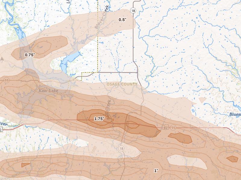 Radar-estimated hail-size map of the storm over Shidler, OK on May 8, 2026
