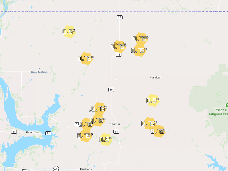 Hail map of Shidler, OK on Jul 4, 2026, hail up to 0.75"