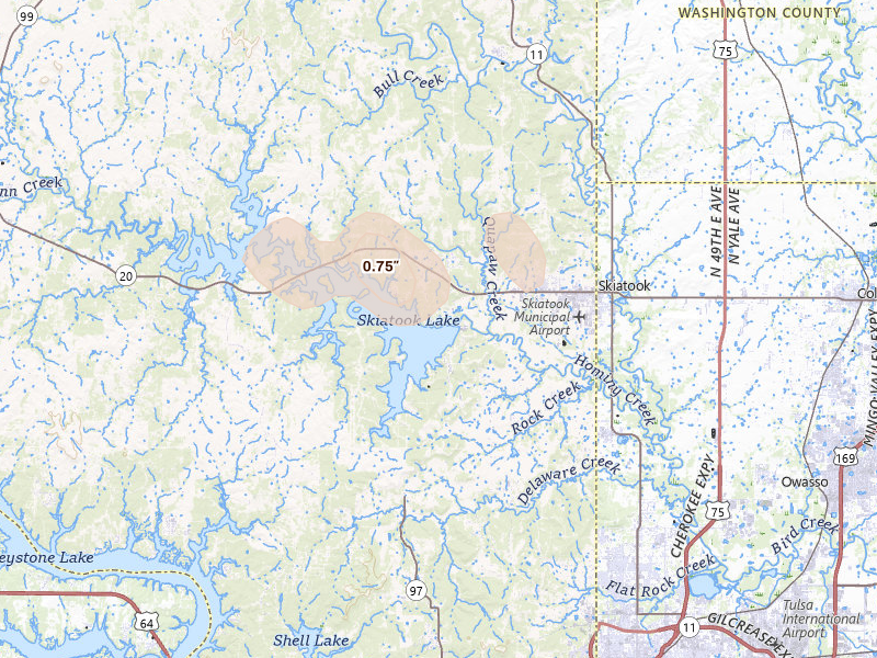 Radar-estimated hail-size map of the storm over Skiatook, OK on Mar 1, 2026