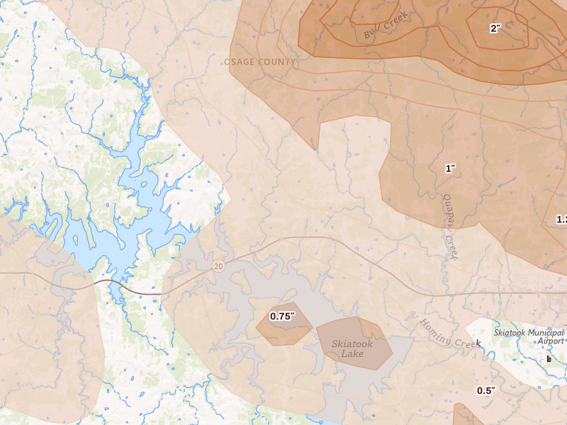 Radar-estimated hail-size map of the storm over Skiatook, OK on May 8, 2026