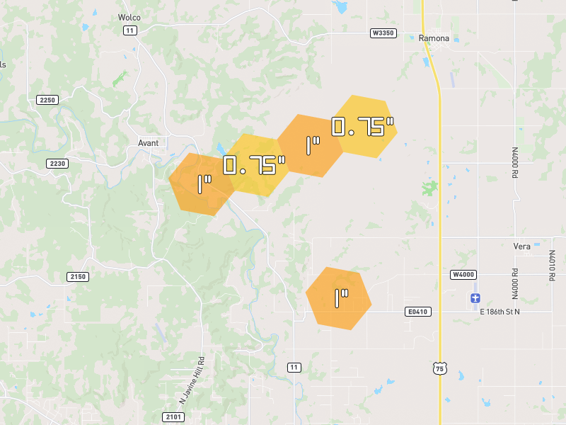 Hail map of Skiatook, OK on Jun 2, 2026, hail up to 1"