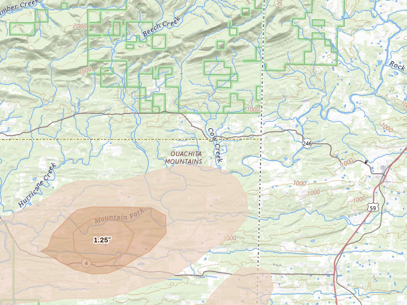 Radar-estimated hail-size map of the storm over Smithville, OK on Apr 24, 2026