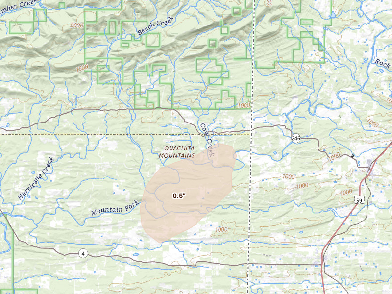 Radar-estimated hail-size map of the storm over Smithville, OK on Jun 11, 2026