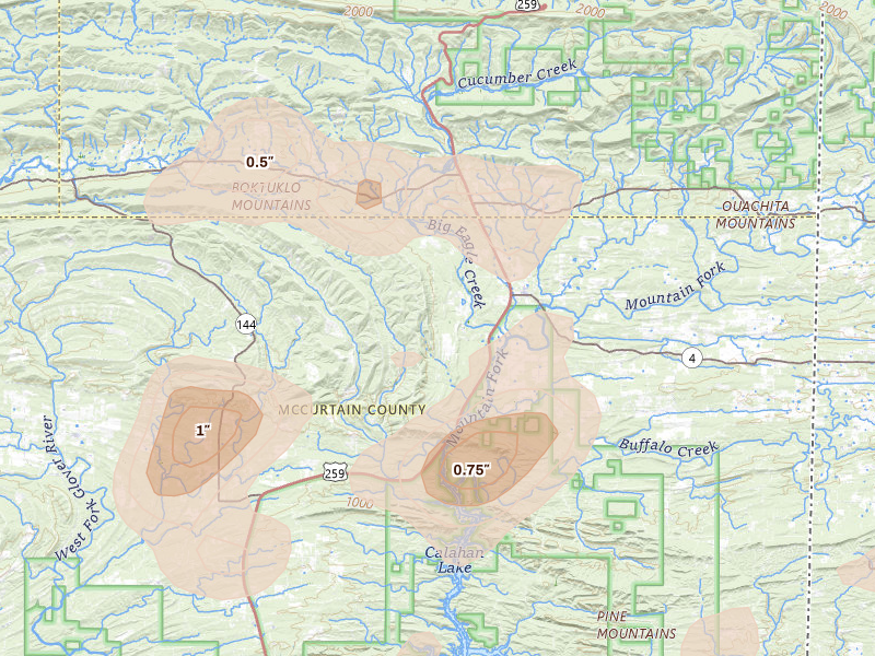 Radar-estimated hail-size map of the storm over Smithville, OK on Aug 7, 2026