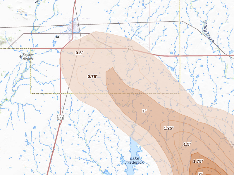 Radar-estimated hail-size map of the storm over Snyder, OK on May 8, 2026