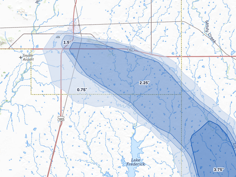NEXRAD radar-signature map of the hail storm over Snyder, OK on May 8, 2026