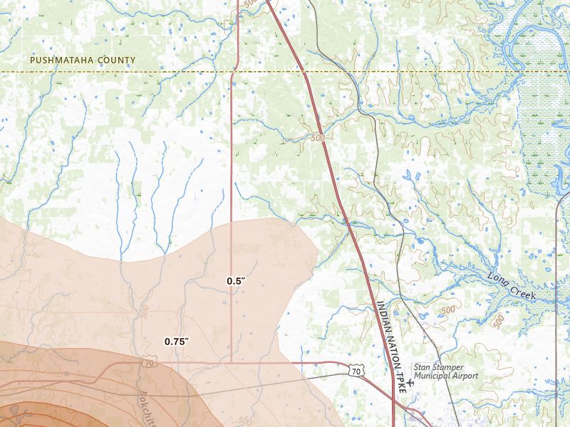 Radar-estimated hail-size map of the storm over Soper, OK on Apr 24, 2026