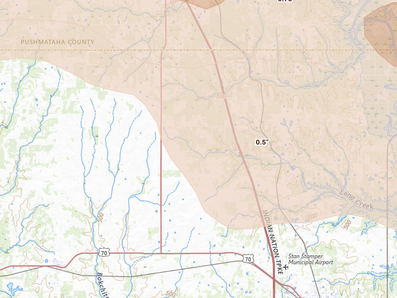 Radar-estimated hail-size map of the storm over Soper, OK on Apr 28, 2026