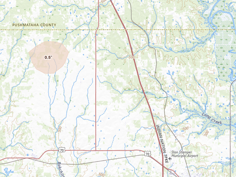 Radar-estimated hail-size map of the storm over Soper, OK on Jul 2, 2026