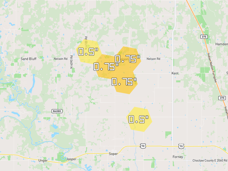 Hail map of Soper, OK on Jul 2, 2026, hail up to 0.75"
