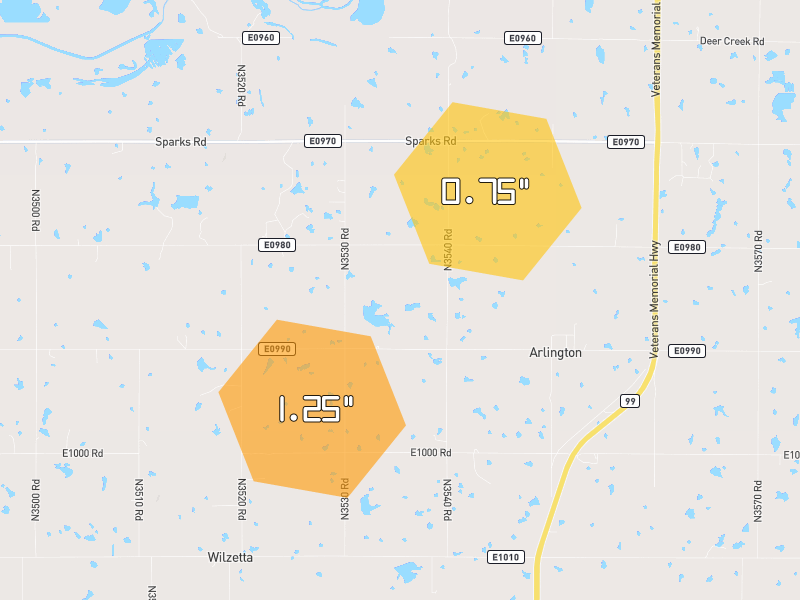 Hail map of Sparks, OK on Jun 27, 2026, hail up to 1.25"