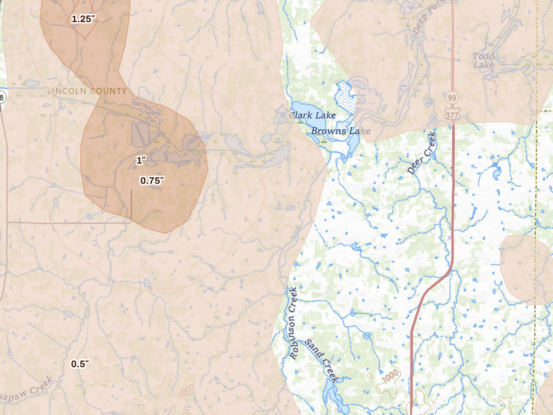Radar-estimated hail-size map of the storm over Sparks, OK on Jul 4, 2026