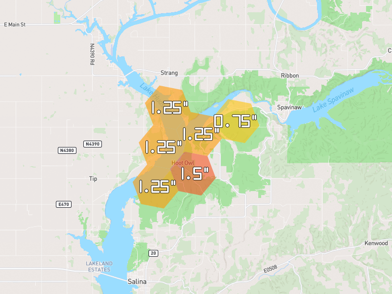 Hail map of Spavinaw, OK on Jul 12, 2026, hail up to 1.5"