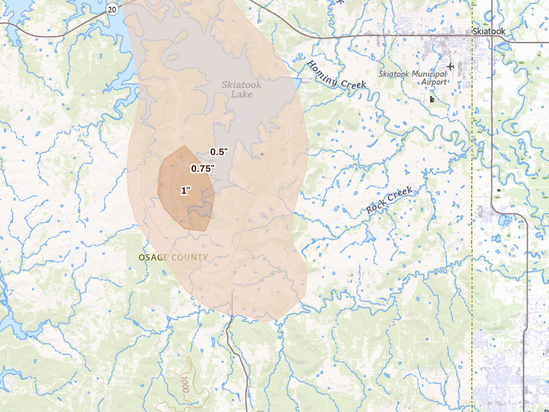 Radar-estimated hail-size map of the storm over Sperry, OK on Aug 20, 2026