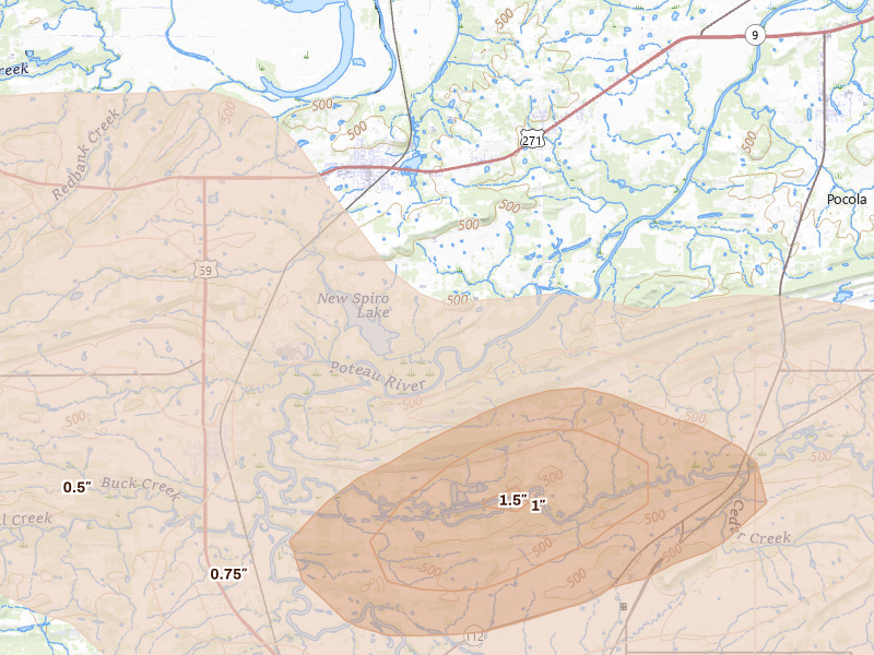Radar-estimated hail-size map of the storm over Spiro, OK on Apr 28, 2026