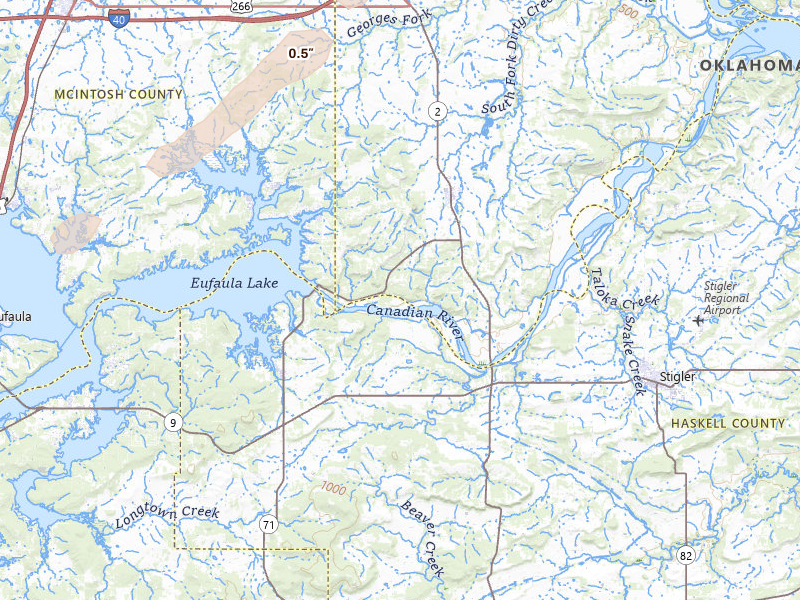 Radar-estimated hail-size map of the storm over Stigler, OK on Mar 4, 2026