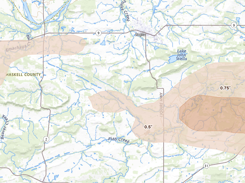 Radar-estimated hail-size map of the storm over Stigler, OK on Apr 24, 2026