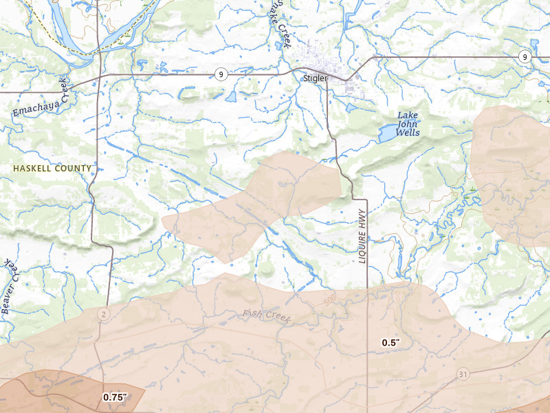 Radar-estimated hail-size map of the storm over Stigler, OK on Apr 28, 2026