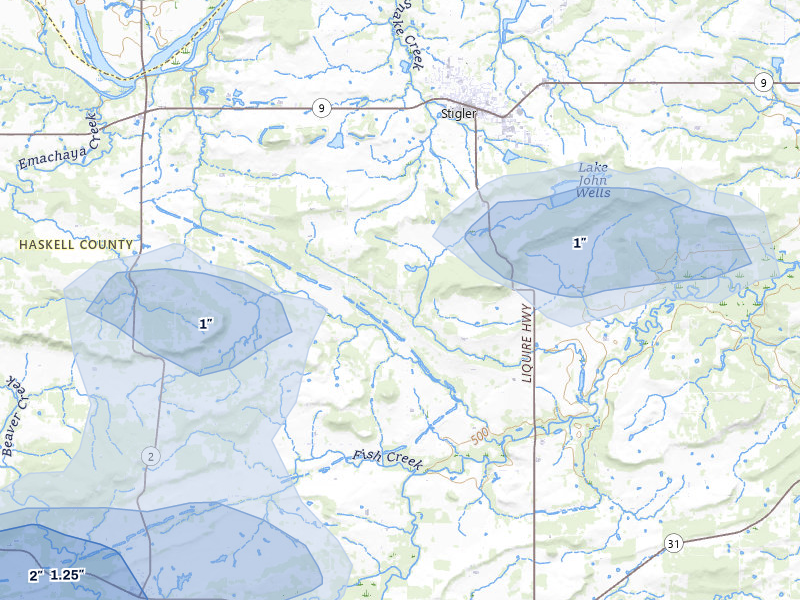 NEXRAD radar-signature map of the hail storm over Stigler, OK on Apr 28, 2026