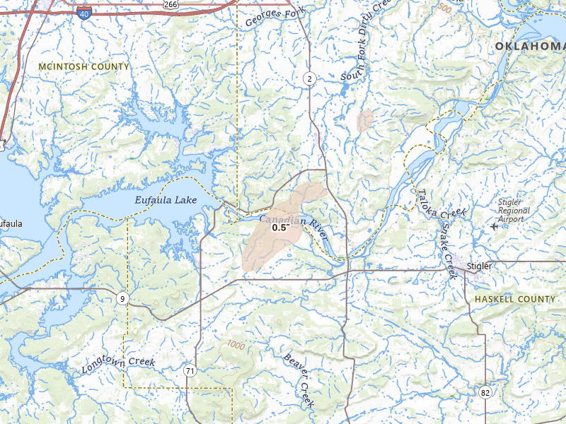 Radar-estimated hail-size map of the storm over Stigler, OK on May 19, 2026