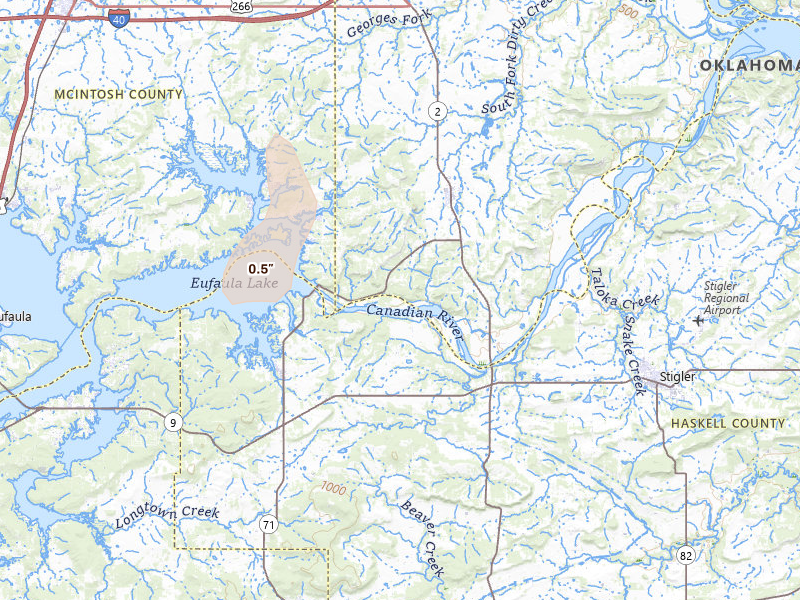 Radar-estimated hail-size map of the storm over Stigler, OK on Jun 2, 2026