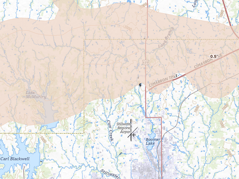 Radar-estimated hail-size map of the storm over Stillwater, OK on Apr 17, 2026