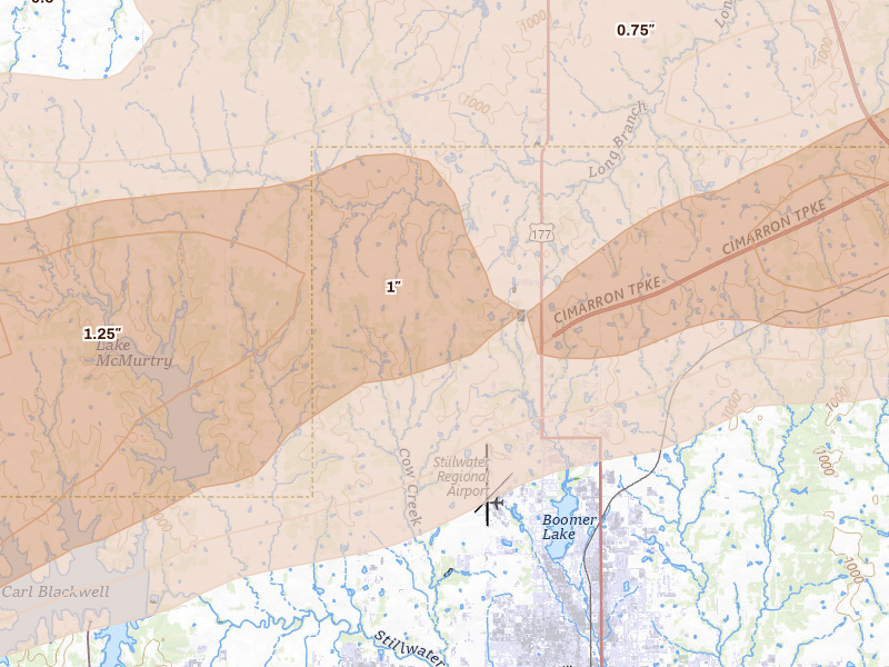 Radar-estimated hail-size map of the storm over Stillwater, OK on Apr 23, 2026