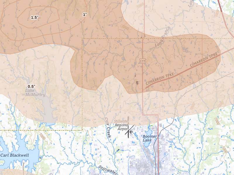 Radar-estimated hail-size map of the storm over Stillwater, OK on Jun 26, 2026