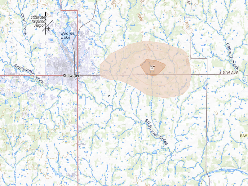 Radar-estimated hail-size map of the storm over Stillwater, OK on Aug 16, 2026