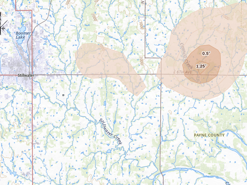 Radar-estimated hail-size map of the storm over Stillwater, OK on Aug 17, 2026