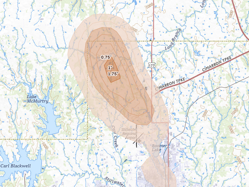Radar-estimated hail-size map of the storm over Stillwater, OK on Aug 21, 2026