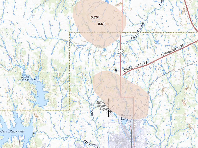 Radar-estimated hail-size map of the storm over Stillwater, OK on Aug 22, 2026