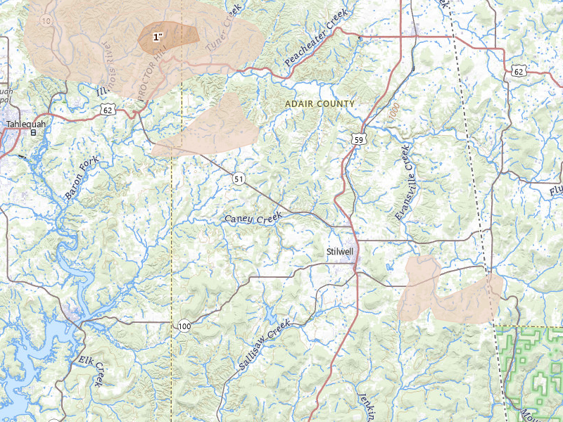 Radar-estimated hail-size map of the storm over Stilwell, OK on Apr 25, 2026