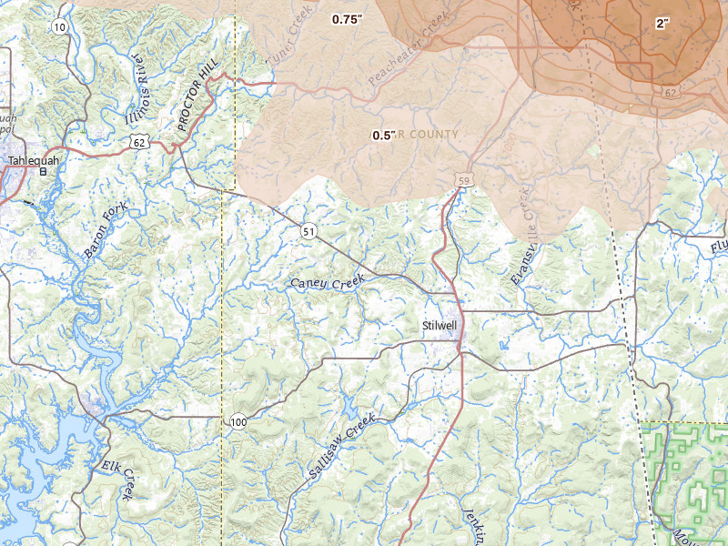 Radar-estimated hail-size map of the storm over Stilwell, OK on Apr 28, 2026