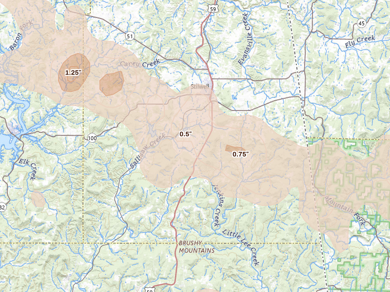 Radar-estimated hail-size map of the storm over Stilwell, OK on Aug 17, 2026