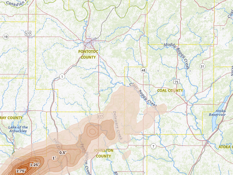 Radar-estimated hail-size map of the storm over Stonewall, OK on Apr 15, 2026