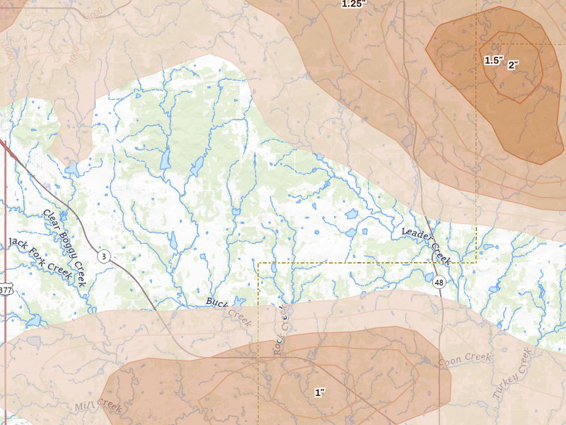 Radar-estimated hail-size map of the storm over Stonewall, OK on Apr 24, 2026