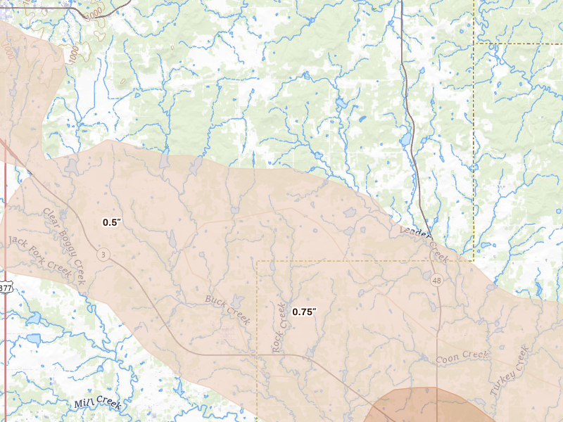 Radar-estimated hail-size map of the storm over Stonewall, OK on Apr 25, 2026