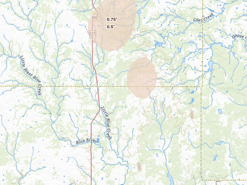 Radar-estimated hail-size map of the storm over Stonewall, OK on Aug 7, 2026