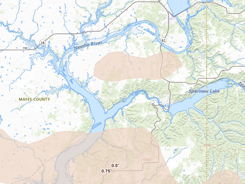 Radar-estimated hail-size map of the storm over Strang, OK on Jun 11, 2026
