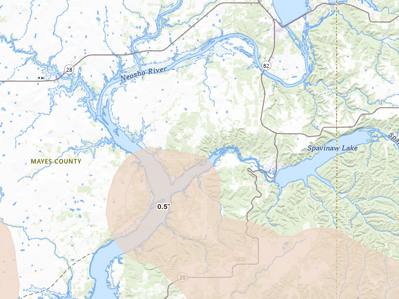 Radar-estimated hail-size map of the storm over Strang, OK on Jul 11, 2026