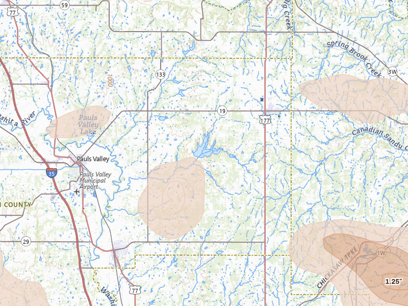 Radar-estimated hail-size map of the storm over Stratford, OK on Apr 25, 2026