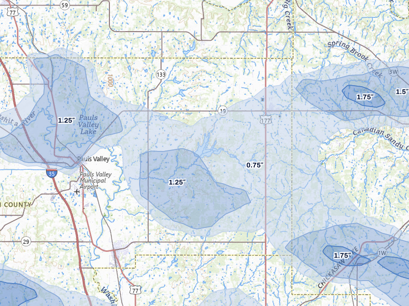 NEXRAD radar-signature map of the hail over Stratford, OK