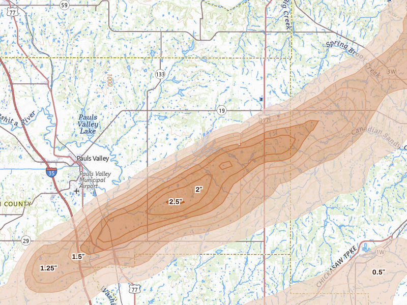 Radar-estimated hail-size map of the storm over Stratford, OK on Apr 28, 2026