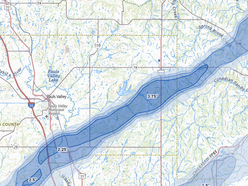 NEXRAD radar-signature map of the hail storm over Stratford, OK on Apr 28, 2026
